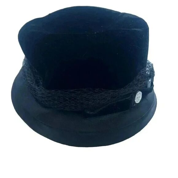 Vintage Cloche Hat Velvet Satin & Net Lace Trim w/Rhinestone - Picture 3 of 13